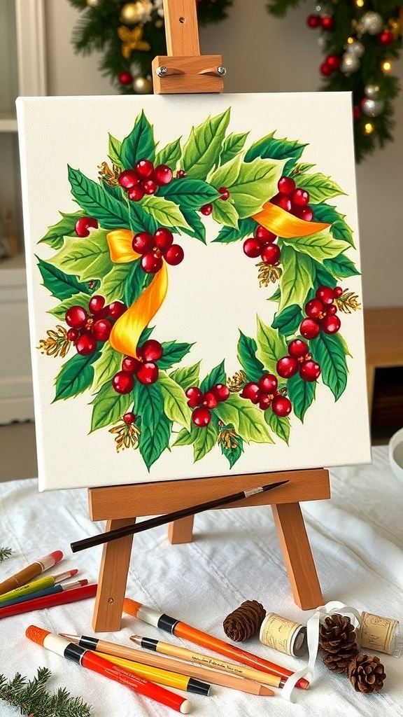 A colorful Christmas wreath painting with holly, pinecones, and ribbons on a canvas.